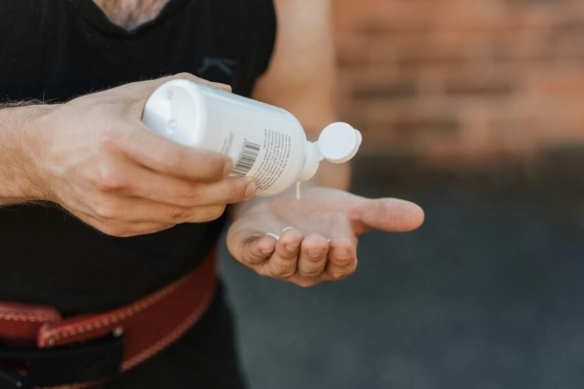 Close-up of a weightlifter applying liquid chalk to hands for grip.